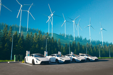 Fleet of White Electric Sports Cars Charging at a Wind Farm Under a Clear Sky