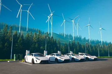 Gordijnen Fleet of White Electric Sports Cars Charging at a Wind Farm Under a Clear Sky © Dabarti