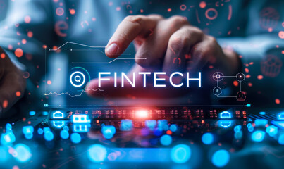 Businessman interacting with holographic fintech icons, integration of financial technology and innovation in modern business practices, enabling seamless digital transactions and financial services