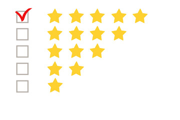 Gold, gray five stars shape on a white background. Rating stars with tick. Feedback evaluation....