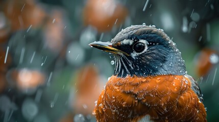 Feathered Friend A robins face in closeup, highlighting the warmth of its gaze and the softness of its feathers, set against a backdrop of gentle spring rain , vibrant