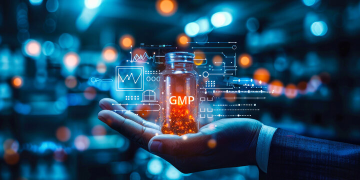Good Manufacturing Practices GMP concept. Holographic projection displaying GMP standards related to quality control, compliance, regulation in pharmaceutical and healthcare industries