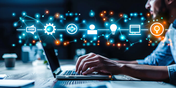ORM Online reputation management visualized through holographic icons, importance of monitoring and influencing digital presence, brand image, and public perception in the modern interconnected world