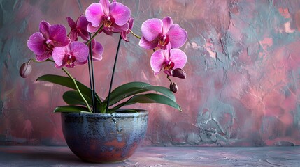 a vibrant purple orchid in a modern ceramic pot, set against a soft pastel background, showcasing...