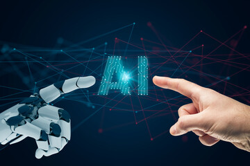 AI artificial intelligence concept with robotic and human hands