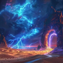 illustration unique sandstorm neon thunder , 3d - obrazy, fototapety, plakaty