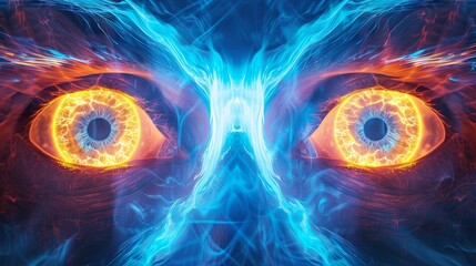 Blue flaming eyes in a neon storm war, portrayed in a cartoon 3D illustration style , unique - obrazy, fototapety, plakaty