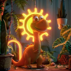 character dinosaur the sun lighting neon, cartoon, 3d , 3d - obrazy, fototapety, plakaty