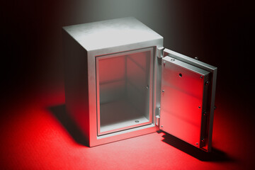 Vibrant Red-Hued Scene of an Open, Illuminated Metal Safe on a Dark Background