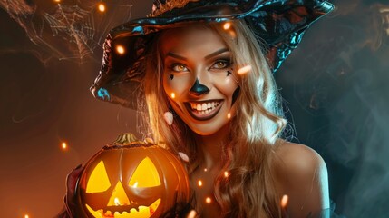 Fototapeta premium Witchy young female girl with witch face paint makeup and Halloween costume smiles in camera on Frid