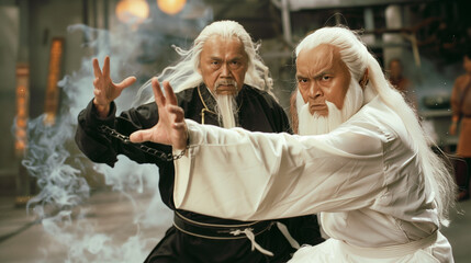 
Two elderly martial artists with long white hair and beards are engaged in a duel, one wearing a black outfit and the other in white, amidst a cloud of mystical smoke.