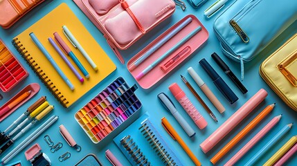 display of high-resolution school and college supplies, featuring textbooks, highlighters,...