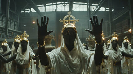 
A group of figures in white robes with golden accents and black masks, each with a unique golden...