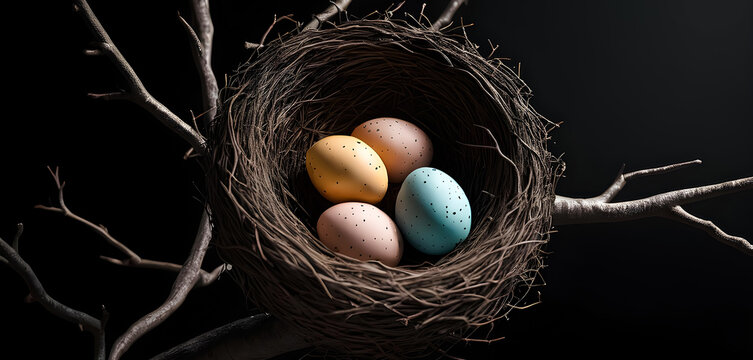 Easter eggs in a bird's nest on branches of trees against a brilliant black background. Generative AI. V-2