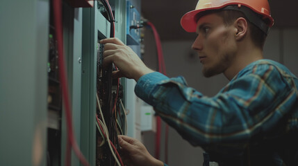 Electricista consertando um painel de energia  - obrazy, fototapety, plakaty