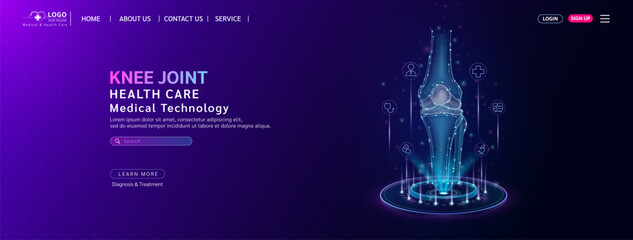 Knee joint bone health care. Diagnose disease with technology artificial intelligence. Medical website template layout design. Banner for medical ads. Science medicine business. Vector.