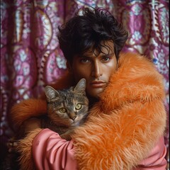 Man and his cat, 1970s or 1980s retro style, studio portrait fashion