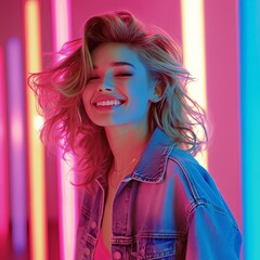 Happy beautiful woman, neon lights background, jean jacket and curly hair, 1980s aesthetic