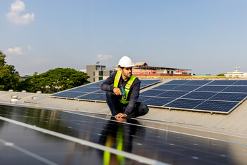 Engineer service check installation solar cell on the roof of factory. Engineers walking on roof...