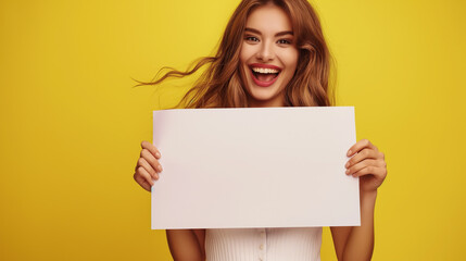 Mulher feliz com roupas fashion segurando um cartaz em branco isolada no fundo amarelo - obrazy, fototapety, plakaty