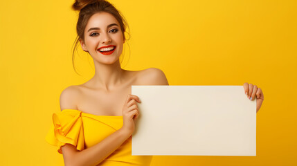 Mulher feliz com roupas fashion segurando um cartaz em branco isolada no fundo amarelo - obrazy, fototapety, plakaty