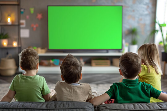 kids watching TV with green screen in home. at the back - Powered by Adobe