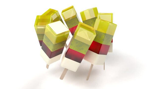 Creative 3d illustration of vibrant, colorful popsicle sticks on a white background