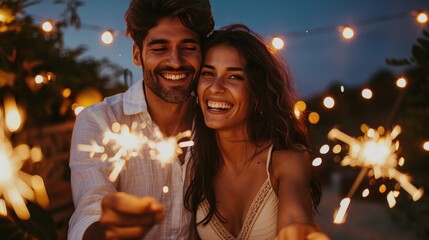 A joyful couple embracing and smiling with the man holding a sparkler that's glowing brightly set against a backdrop of twinkling string lights and a dark sky. - Powered by Adobe
