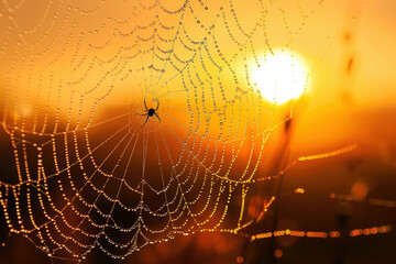 Spider web with dew drops at sunset