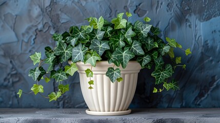ivy in a classic white porcelain pot, against a crisp gray backdrop, highlighting the lush green foliage and delicate tendrils in full ultra HD realism.