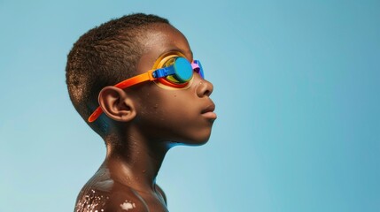 Young boy with short hair wearing colorful goggles looking to the side against a blue background. - obrazy, fototapety, plakaty