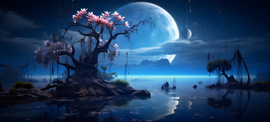 Fototapeta premium moon orchid on a big forest tree, ai generative