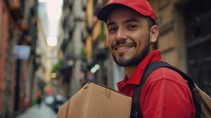 Poster Smiling man in red shirt and cap carrying cardboard box down narrow city street. © iuricazac