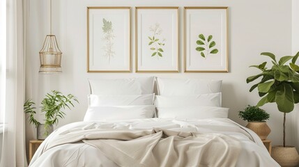 A serene bedroom with gold frame mockups displaying botanical prints.