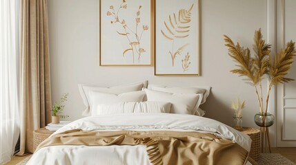 A serene bedroom with gold frame mockups displaying botanical prints.