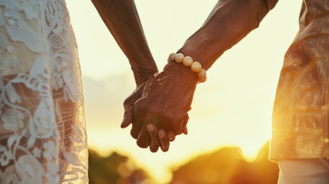 Two hands clasped together one adorned with a pearl bracelet against a backdrop of a warm sunset symbolizing love and connection.