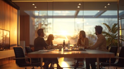 Team collaboratively working around a modern office table. Capturing the essence of teamwork in modern office settings