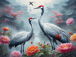 Fototapeta premium Elegant Cranes and Blossoms: Traditional Asian Scenery Illustration