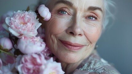 Fototapeta premium Woman with silver hair and pink flowers smiling gently exuding serene beauty.