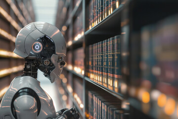 Fototapeta premium humanoid robot reading a book in library. an AI chatbot or artificial intelligence that learn in library. Generative AI