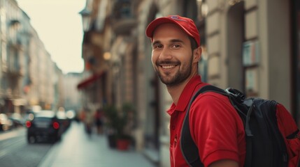 Smiling man in red shirt and cap wearing backpack standing on city street with blurred background of buildings and cars.