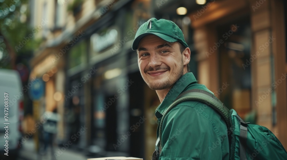 Wall mural A young man with a beard wearing a green cap and a matching jacket smiling at the camera while standing on a city street.