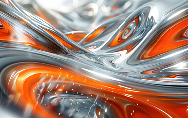 Abstract Fluid Art of Orange Silver Flowing Streams Shimmering Twisting Waves Metallic Swirls Wallpaper Background 