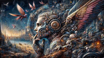 A highly detailed futuristic and surreal scene with a woman's face composed of machinery and gears, intertwined with birds, steampunk elements, and an industrial cityscape in the background. - obrazy, fototapety, plakaty