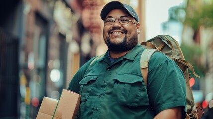 A man in a green shirt and baseball cap smiling carrying a cardboard box and a backpack walking down a city street. - Powered by Adobe