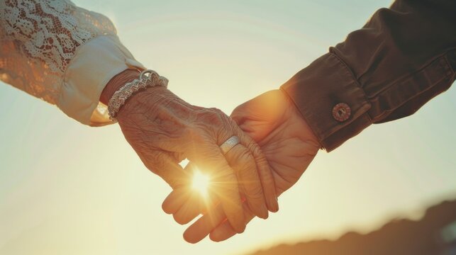 Two hands one adorned with a wedding ring clasped together against a backdrop of a warm sunset symbolizing love and companionship.