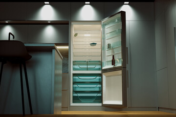 Sleek Modern Kitchen with Open Refrigerator Revealing Spacious Interior