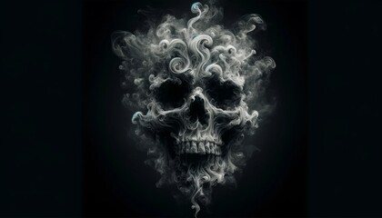 A ghostly smoke skull emerging in a swirl of smoke against a pitch-black background.