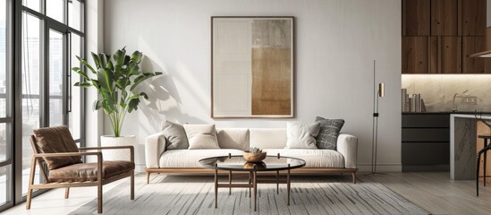 Single vertical ISO A0 frame mockup with reflective glass showcasing a poster on the wall in a living room setting. The background features an apartment with a modern Japandi interior design,