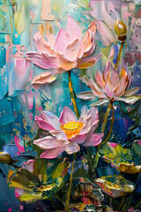 Colorful of lotus flower with oil paint on abstract background
